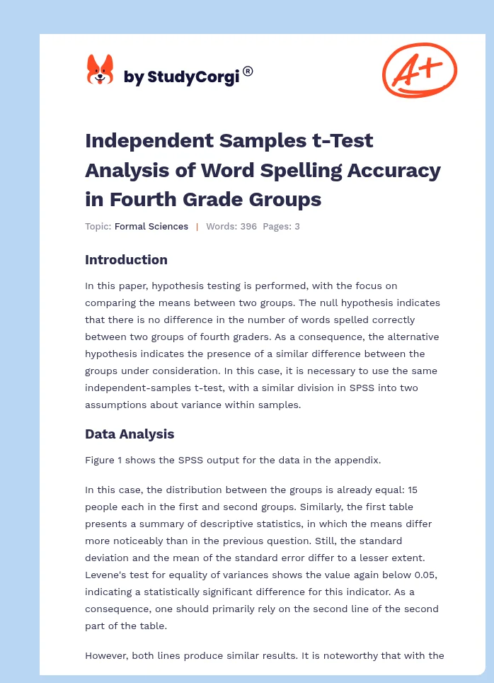 Independent Samples t-Test Analysis of Word Spelling Accuracy in Fourth Grade Groups. Page 1