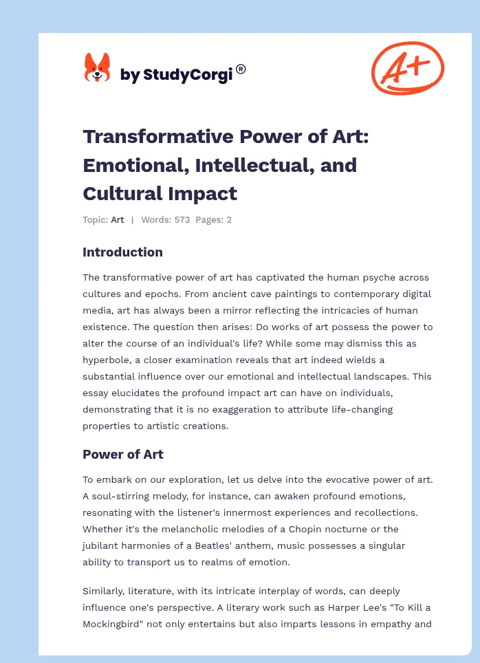 Transformative Power of Art: Emotional, Intellectual, and Cultural Impact. Page 1
