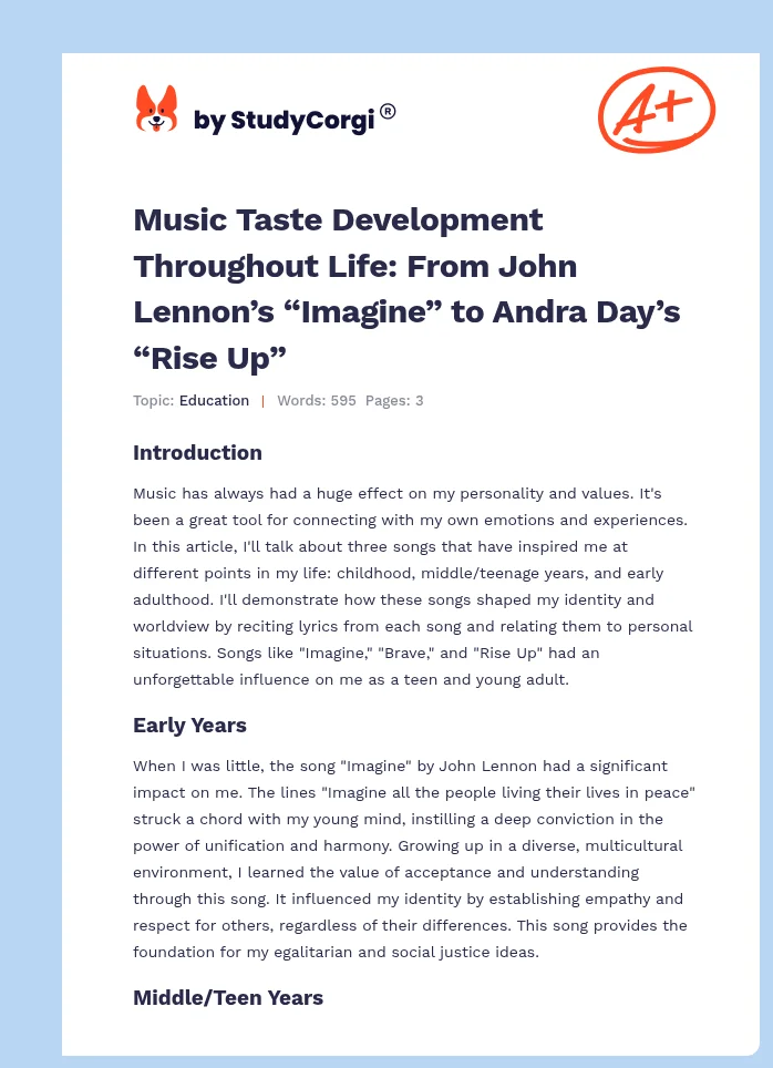 Music Taste Development Throughout Life: From John Lennon’s “Imagine” to Andra Day’s “Rise Up”. Page 1