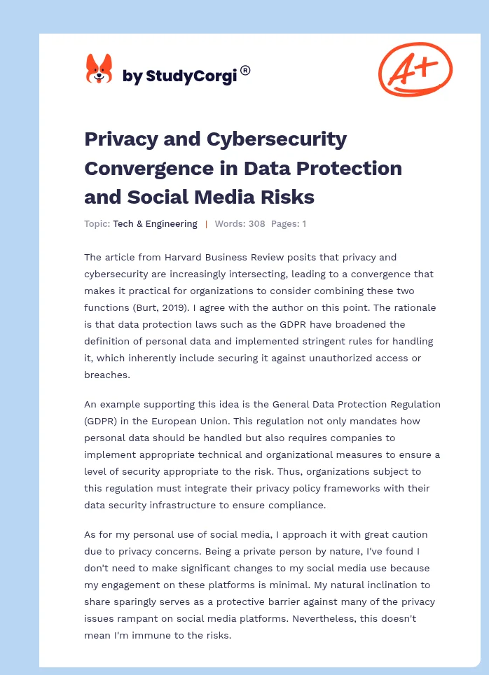 Privacy and Cybersecurity Convergence in Data Protection and Social Media Risks. Page 1