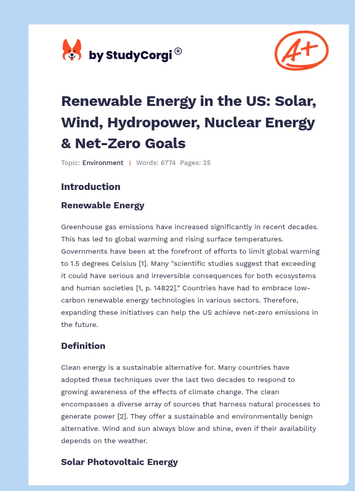 Renewable Energy in the US: Solar, Wind, Hydropower, Nuclear Energy & Net-Zero Goals. Page 1