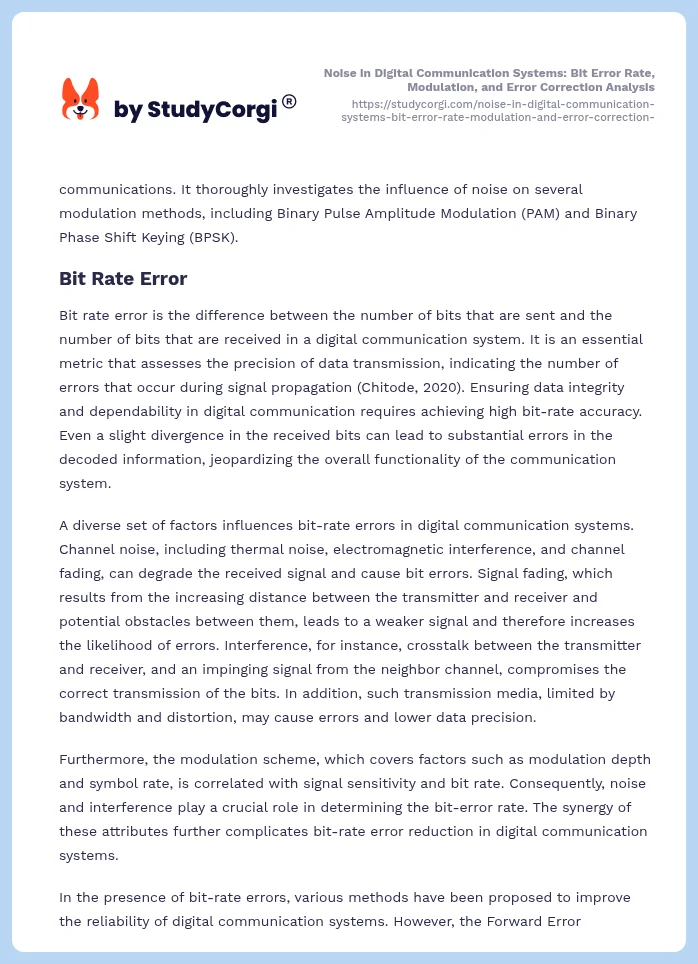 Noise in Digital Communication Systems: Bit Error Rate, Modulation, and Error Correction Analysis. Page 2