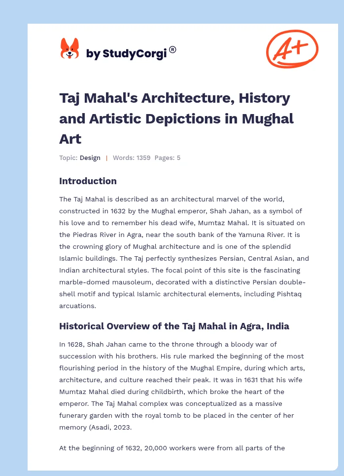 Taj Mahal's Architecture, History and Artistic Depictions in Mughal Art. Page 1