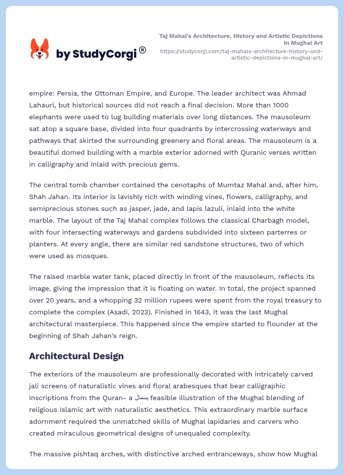 Taj Mahal's Architecture, History and Artistic Depictions in Mughal Art. Page 2