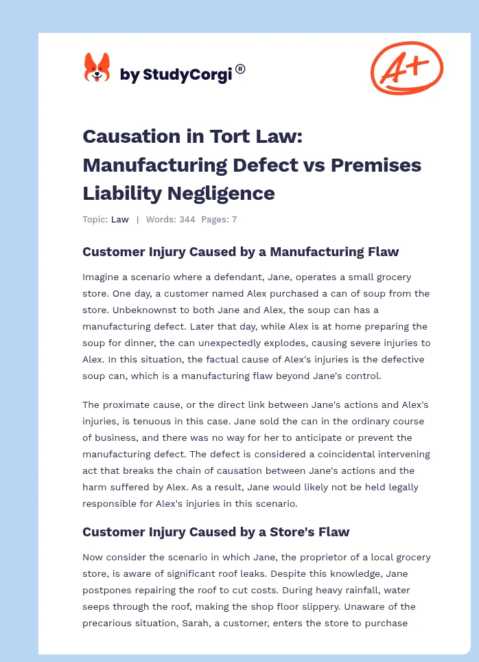 Causation in Tort Law: Manufacturing Defect vs Premises Liability Negligence. Page 1
