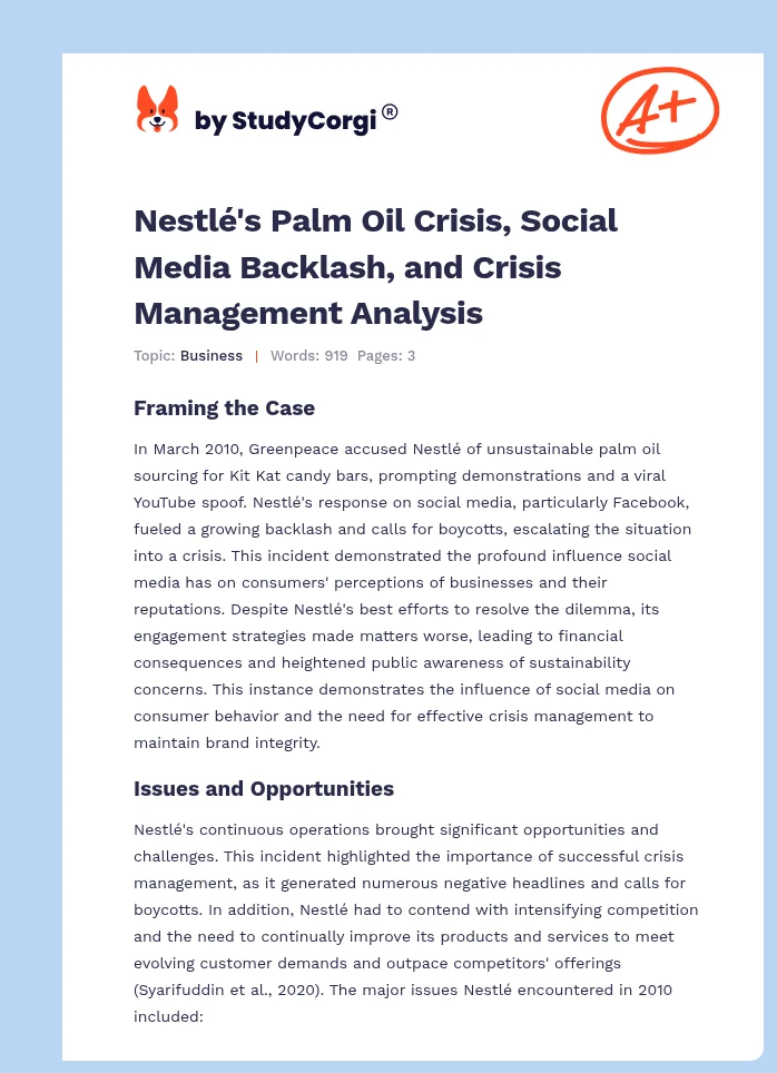 Nestlé's Palm Oil Crisis, Social Media Backlash, and Crisis Management Analysis. Page 1