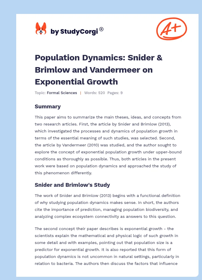 Population Dynamics: Snider & Brimlow and Vandermeer on Exponential Growth. Page 1