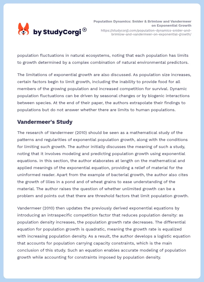 Population Dynamics: Snider & Brimlow and Vandermeer on Exponential Growth. Page 2