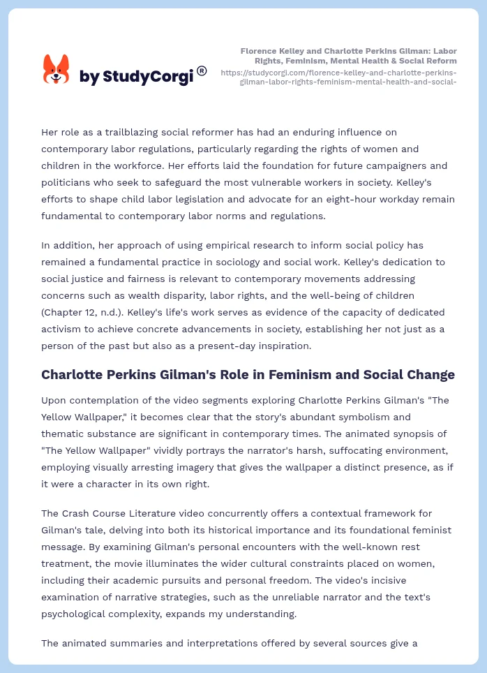 Florence Kelley and Charlotte Perkins Gilman: Labor Rights, Feminism, Mental Health & Social Reform. Page 2