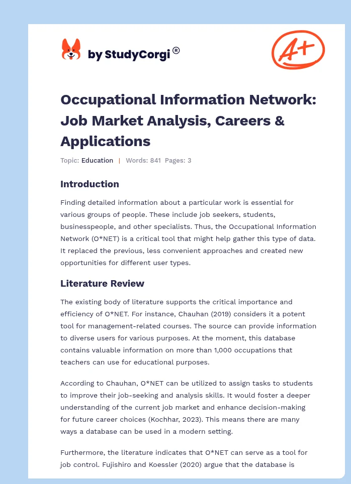Occupational Information Network: Job Market Analysis, Careers & Applications. Page 1
