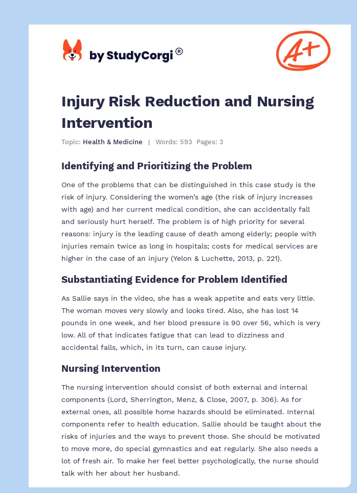 Injury Risk Reduction and Nursing Intervention. Page 1