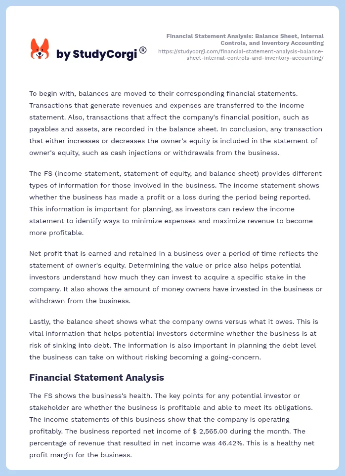 Financial Statement Analysis: Balance Sheet, Internal Controls, and Inventory Accounting. Page 2