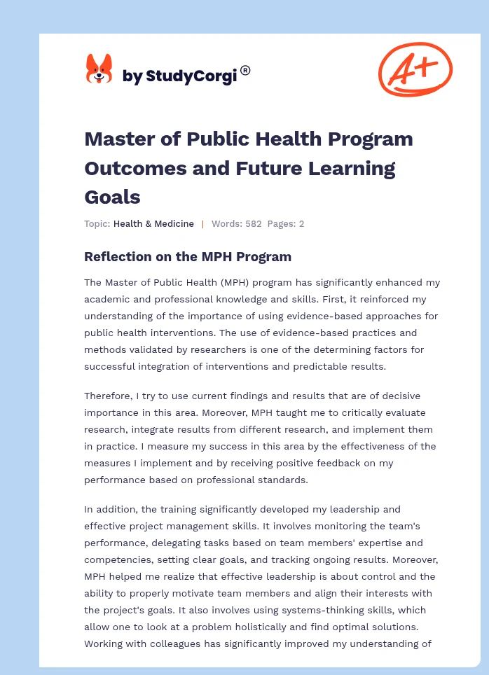 Master of Public Health Program Outcomes and Future Learning Goals. Page 1