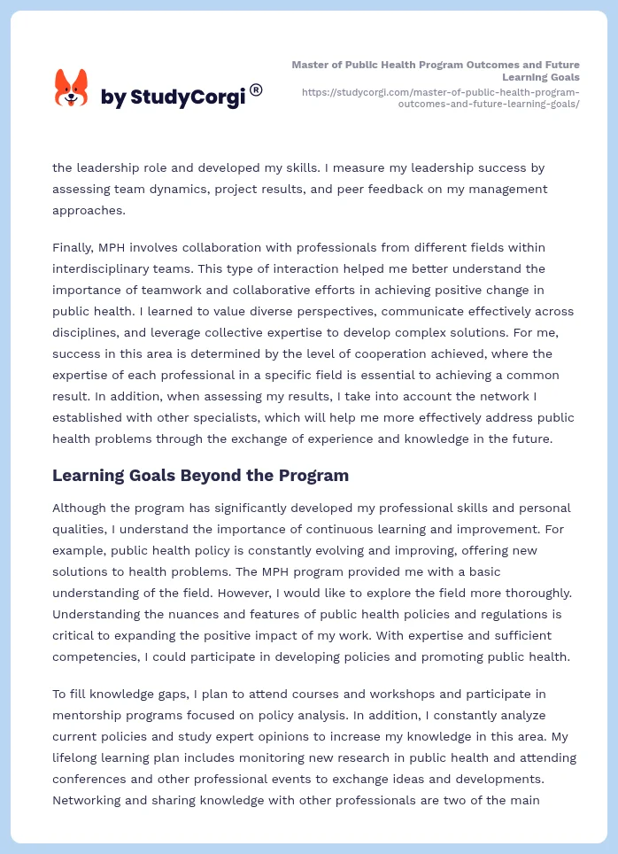 Master of Public Health Program Outcomes and Future Learning Goals. Page 2