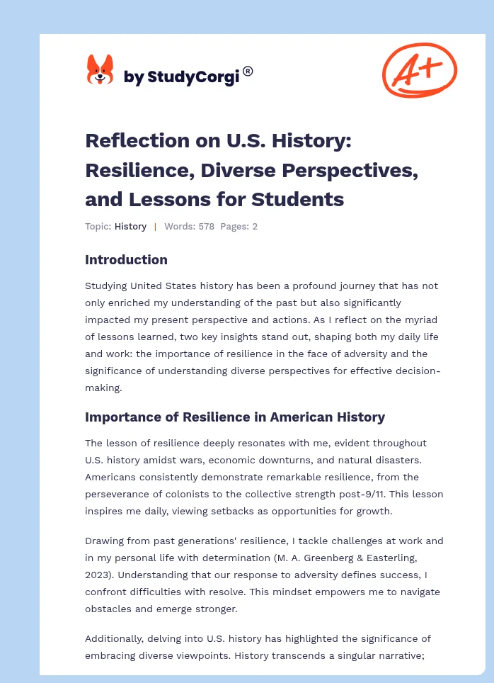 Reflection on U.S. History: Resilience, Diverse Perspectives, and Lessons for Students. Page 1