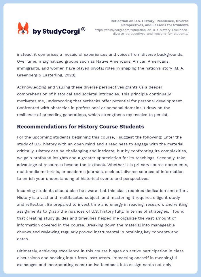 Reflection on U.S. History: Resilience, Diverse Perspectives, and Lessons for Students. Page 2