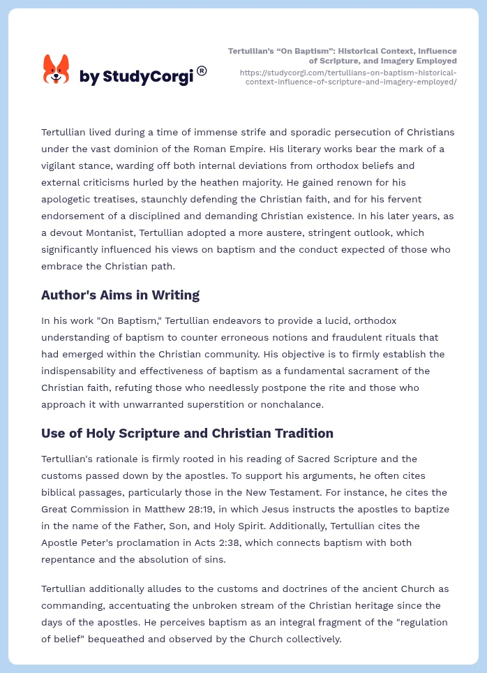 Tertullian’s “On Baptism”: Historical Context, Influence of Scripture, and Imagery Employed. Page 2