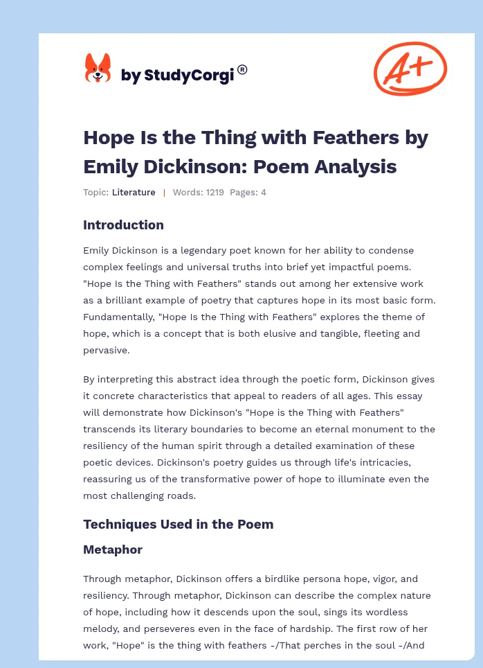Hope Is the Thing with Feathers by Emily Dickinson: Poem Analysis. Page 1