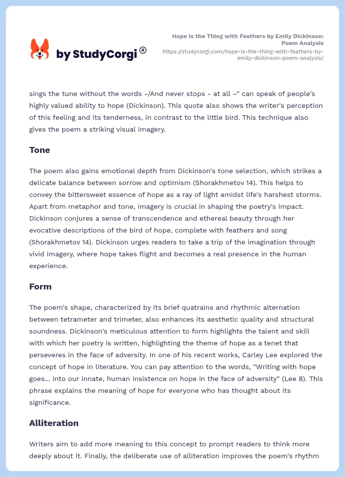Hope Is the Thing with Feathers by Emily Dickinson: Poem Analysis. Page 2