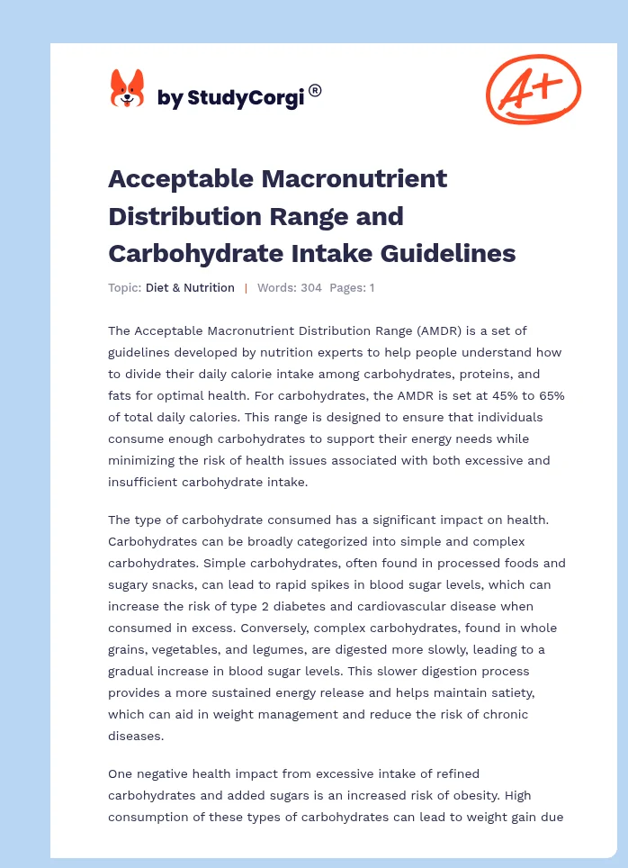 Acceptable Macronutrient Distribution Range and Carbohydrate Intake Guidelines. Page 1