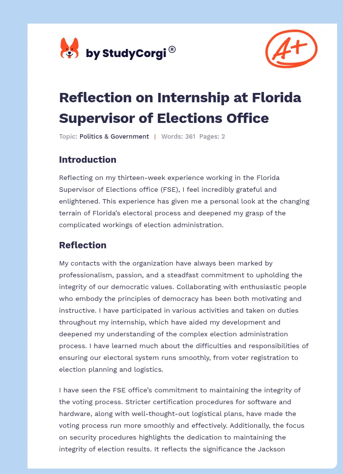 Reflection on Internship at Florida Supervisor of Elections Office. Page 1