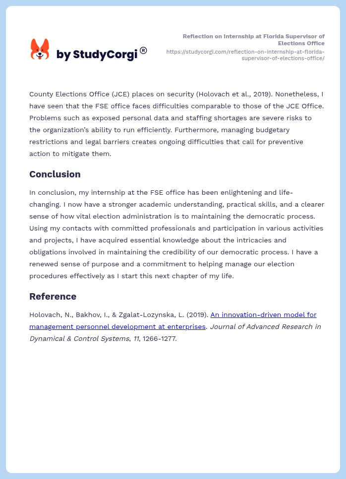 Reflection on Internship at Florida Supervisor of Elections Office. Page 2