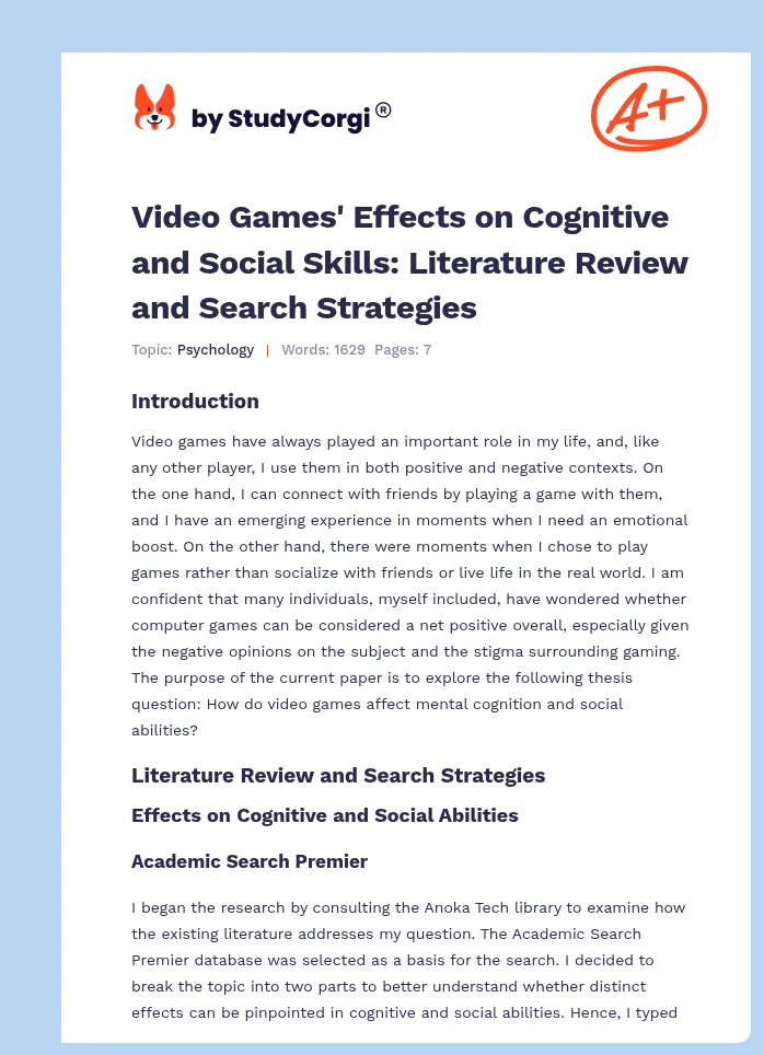 Video Games' Effects on Cognitive and Social Skills: Literature Review and Search Strategies. Page 1