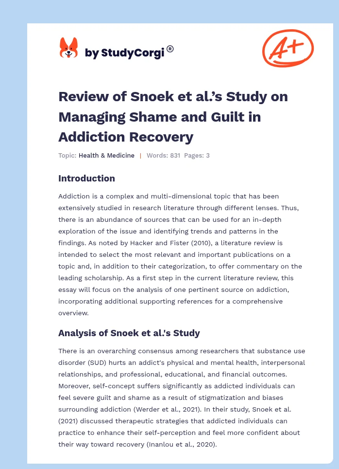 Review of Snoek et al.’s Study on Managing Shame and Guilt in Addiction Recovery. Page 1