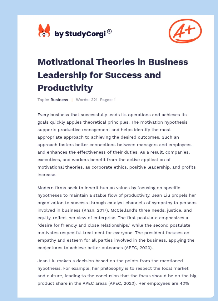 Motivational Theories in Business Leadership for Success and Productivity. Page 1
