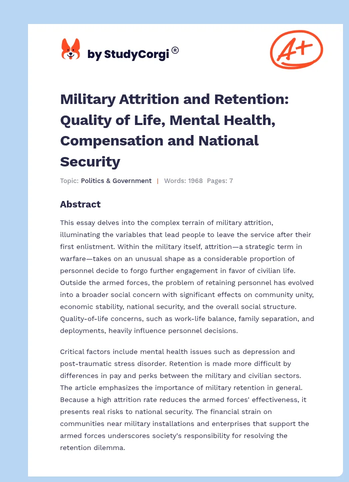 Military Attrition and Retention: Quality of Life, Mental Health, Compensation and National Security. Page 1