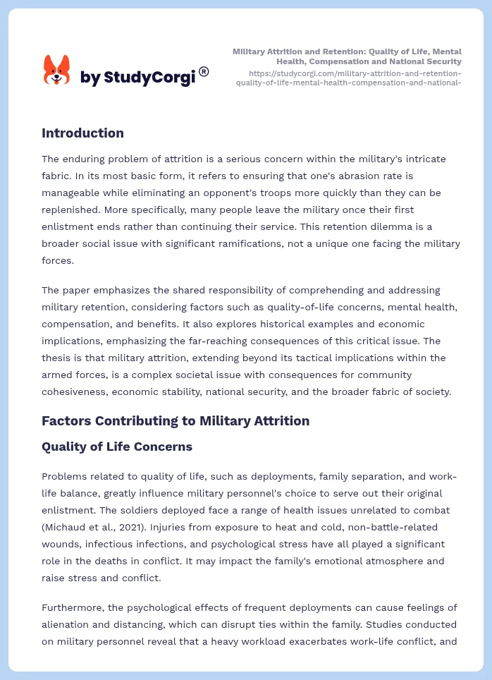 Military Attrition and Retention: Quality of Life, Mental Health, Compensation and National Security. Page 2