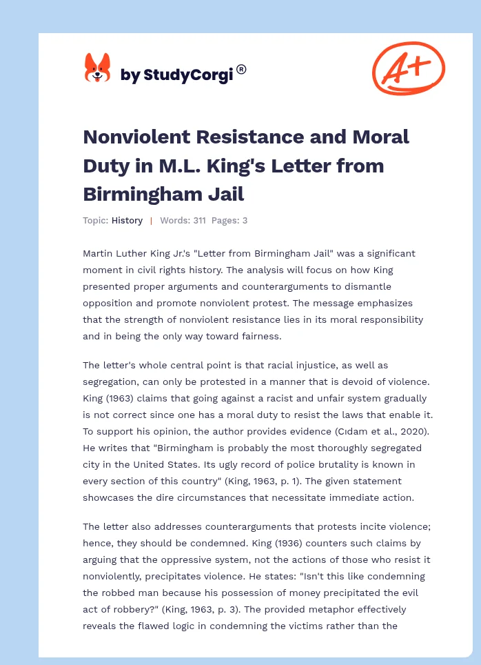 Nonviolent Resistance and Moral Duty in M.L. King's Letter from Birmingham Jail. Page 1