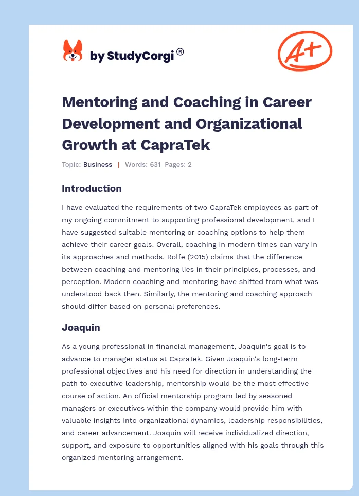 Mentoring and Coaching in Career Development and Organizational Growth at CapraTek. Page 1
