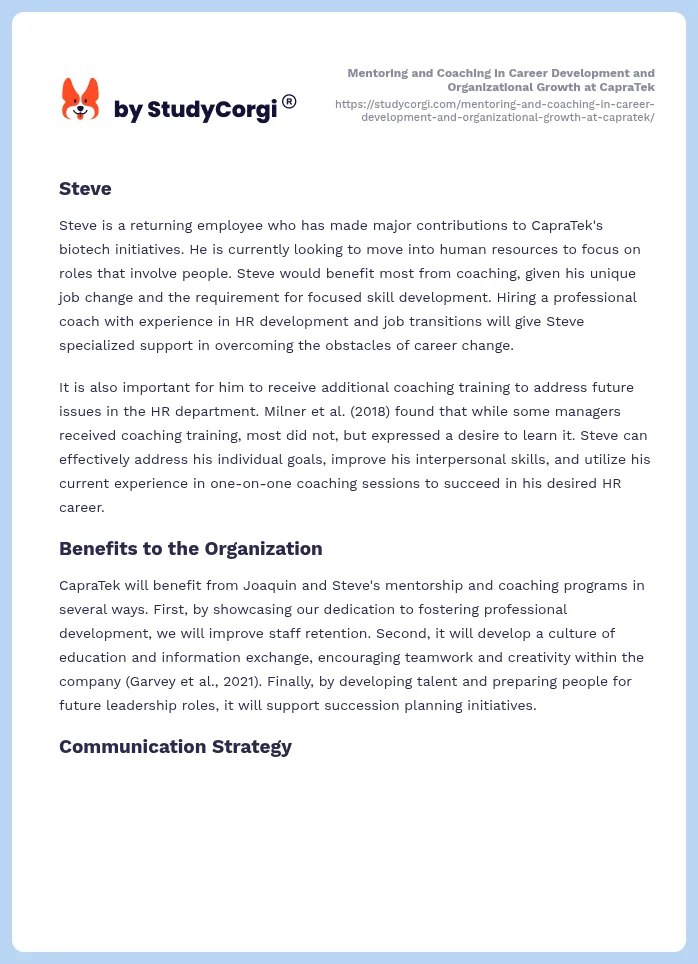 Mentoring and Coaching in Career Development and Organizational Growth at CapraTek. Page 2