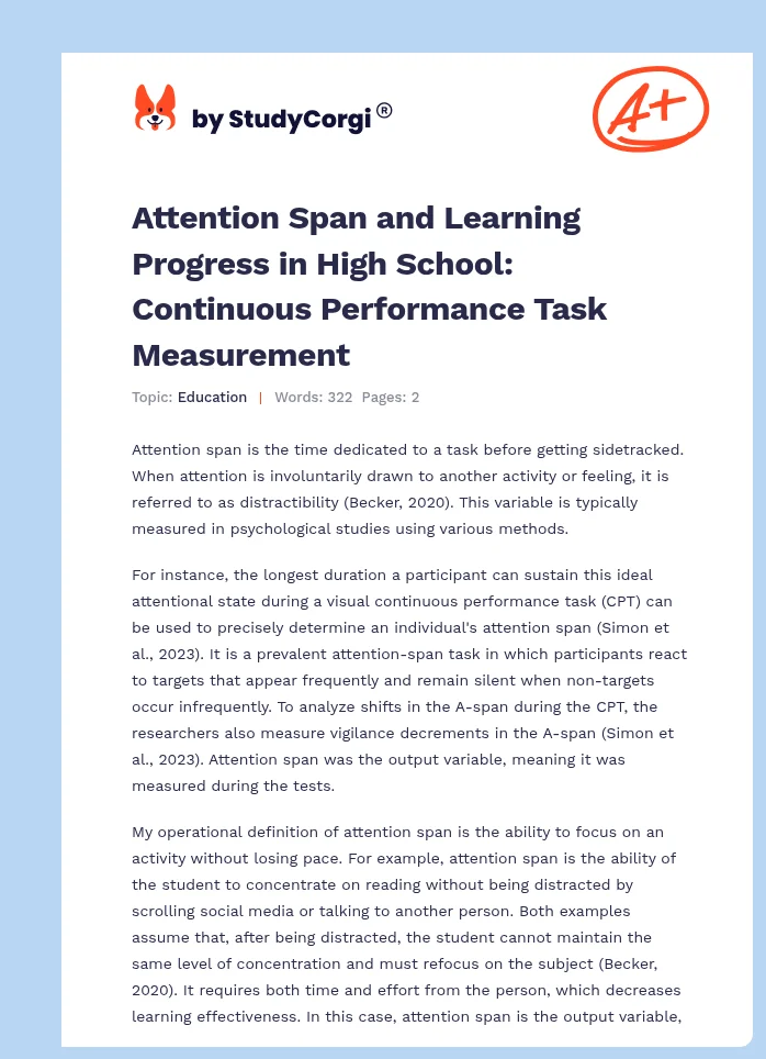 Attention Span and Learning Progress in High School: Continuous Performance Task Measurement. Page 1
