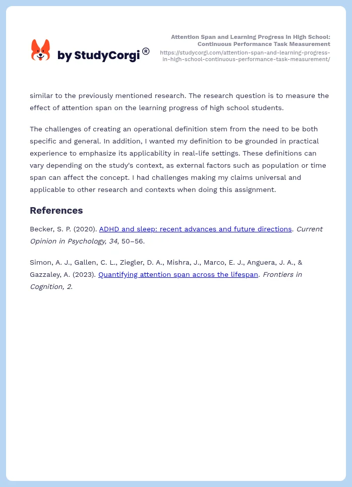 Attention Span and Learning Progress in High School: Continuous Performance Task Measurement. Page 2