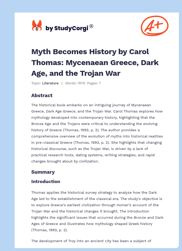 Myth Becomes History by Carol Thomas: Mycenaean Greece, Dark Age, and the Trojan War. Page 1