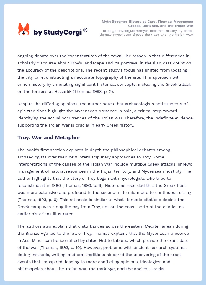Myth Becomes History by Carol Thomas: Mycenaean Greece, Dark Age, and the Trojan War. Page 2