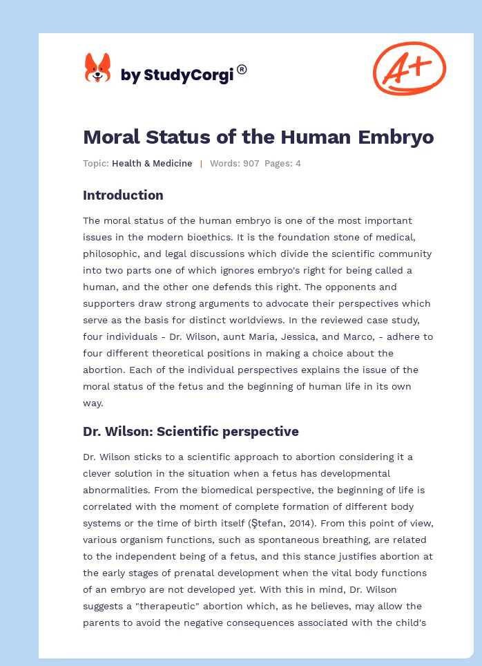 Moral Status of the Human Embryo. Page 1