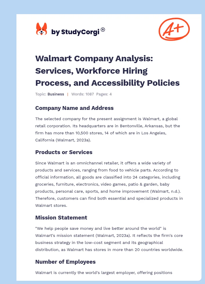 Walmart Company Analysis: Services, Workforce Hiring Process, and Accessibility Policies. Page 1