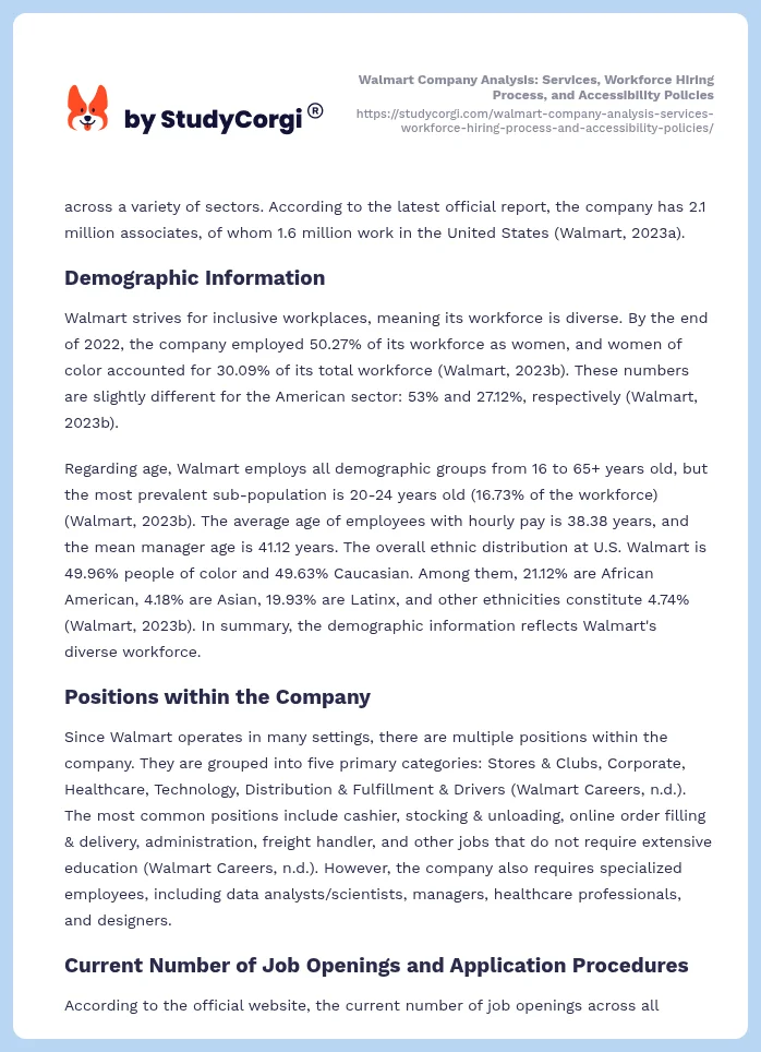 Walmart Company Analysis: Services, Workforce Hiring Process, and Accessibility Policies. Page 2