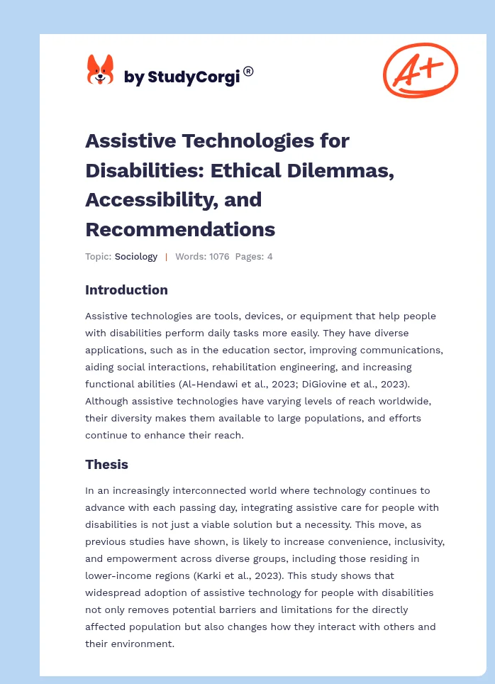 Assistive Technologies for Disabilities: Ethical Dilemmas, Accessibility, and Recommendations. Page 1