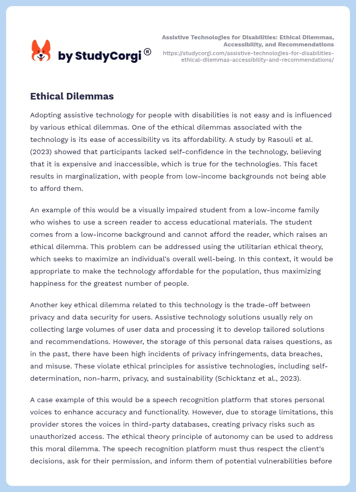 Assistive Technologies for Disabilities: Ethical Dilemmas, Accessibility, and Recommendations. Page 2