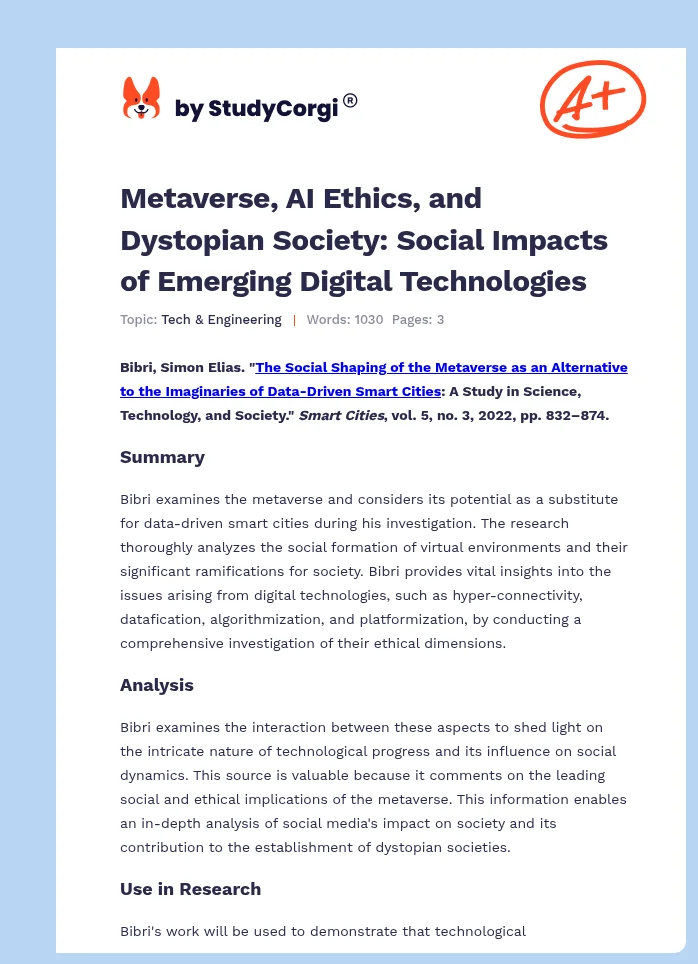 Metaverse, AI Ethics, and Dystopian Society: Social Impacts of Emerging Digital Technologies. Page 1