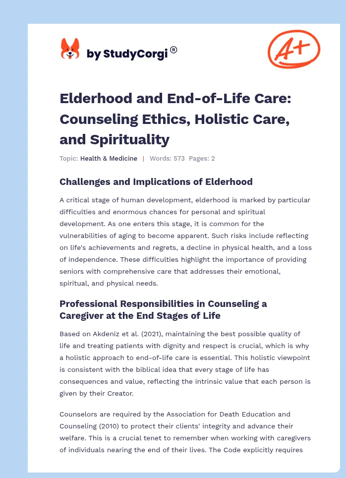 Elderhood and End-of-Life Care: Counseling Ethics, Holistic Care, and Spirituality. Page 1