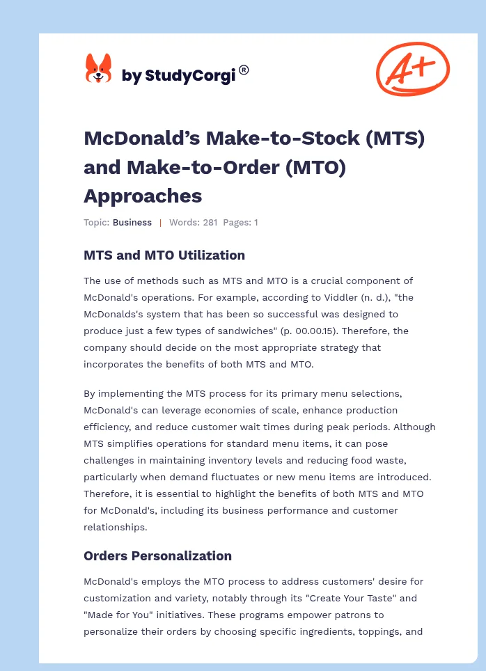 McDonald’s Make-to-Stock (MTS) and Make-to-Order (MTO) Approaches. Page 1