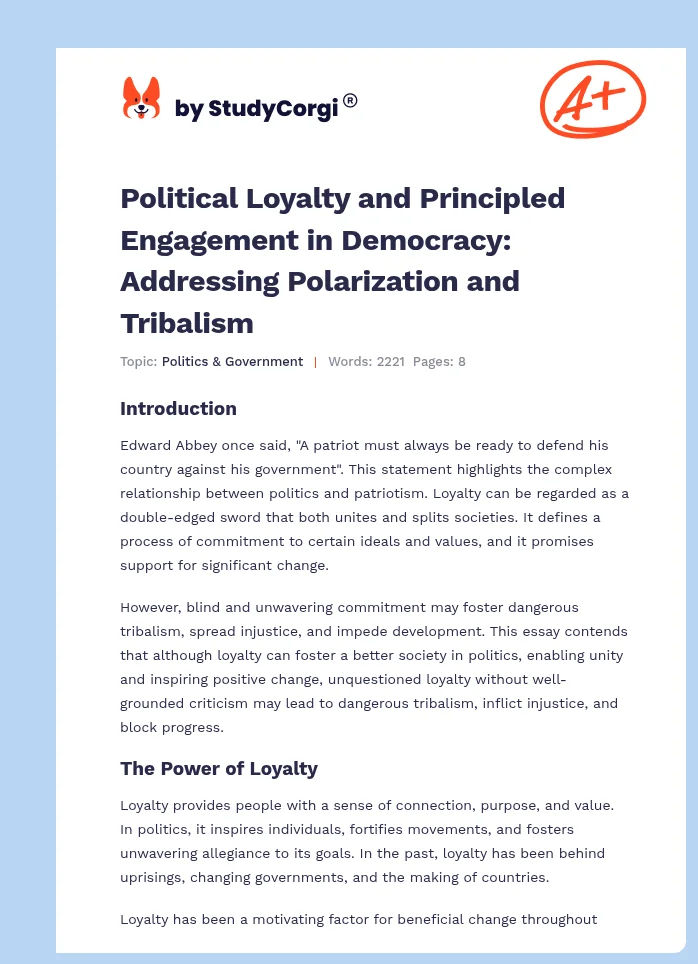 Political Loyalty and Principled Engagement in Democracy: Addressing Polarization and Tribalism. Page 1