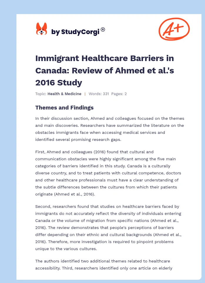 Immigrant Healthcare Barriers in Canada: Review of Ahmed et al.'s 2016 Study. Page 1