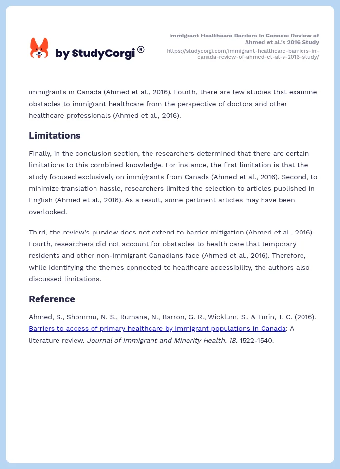 Immigrant Healthcare Barriers in Canada: Review of Ahmed et al.'s 2016 Study. Page 2