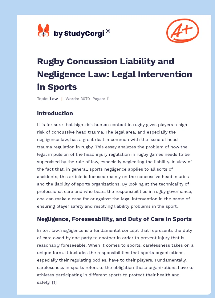 Rugby Concussion Liability and Negligence Law: Legal Intervention in Sports. Page 1